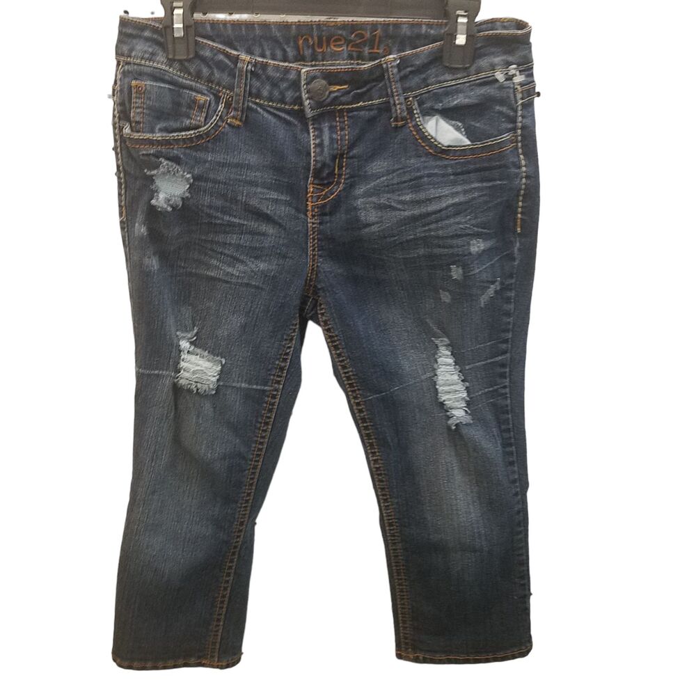 Rue21 Womens Size 11/12 Blue Solid Tattered Crop Jeans
